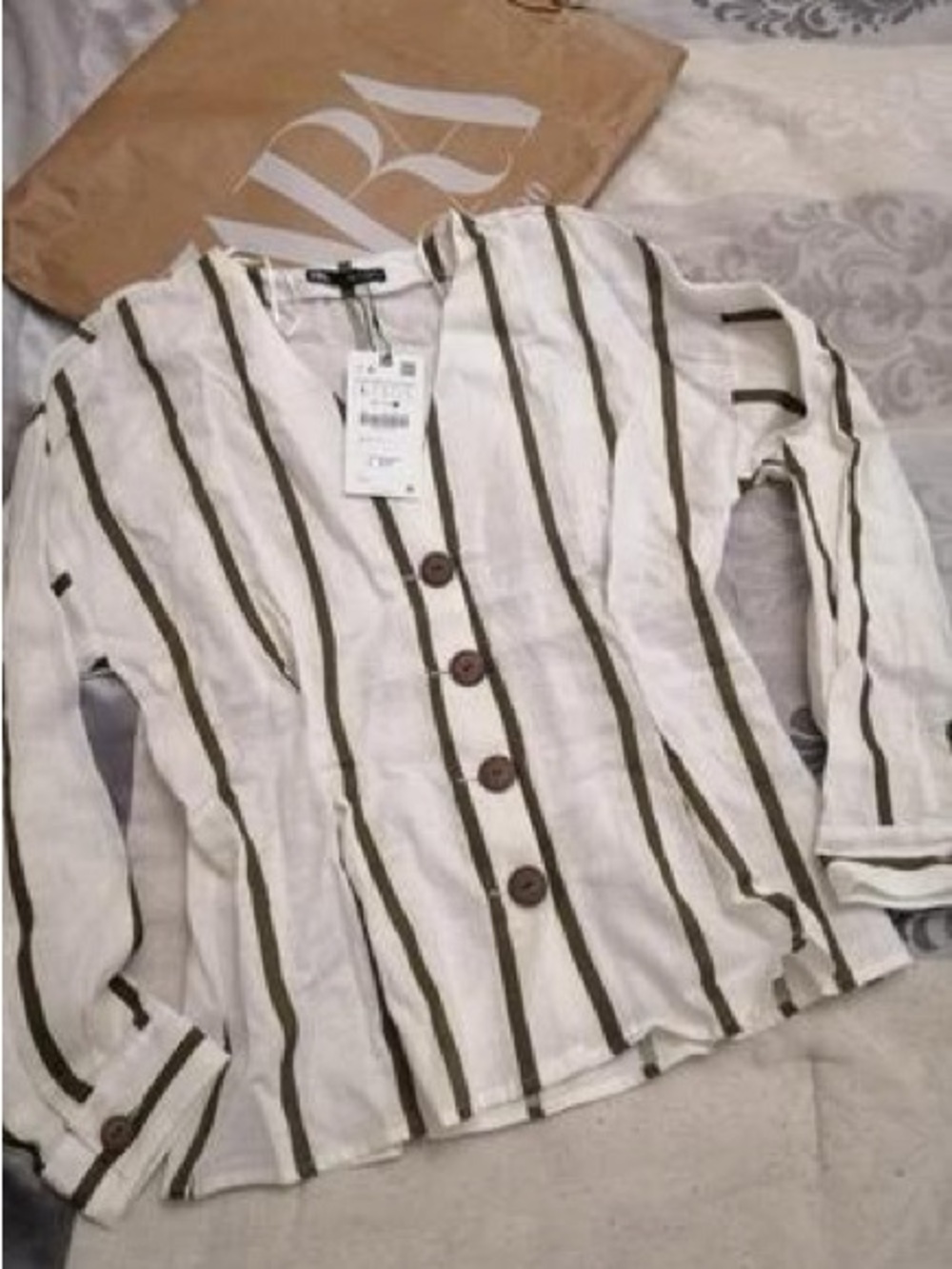 Zara White Top with Olive Stripes